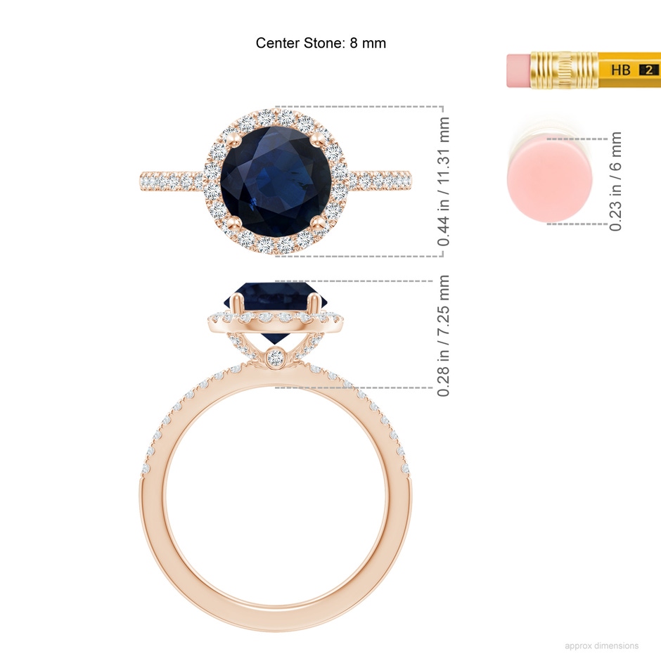 8mm A Round Blue Sapphire Classic Halo Engagement Ring in Rose Gold ruler