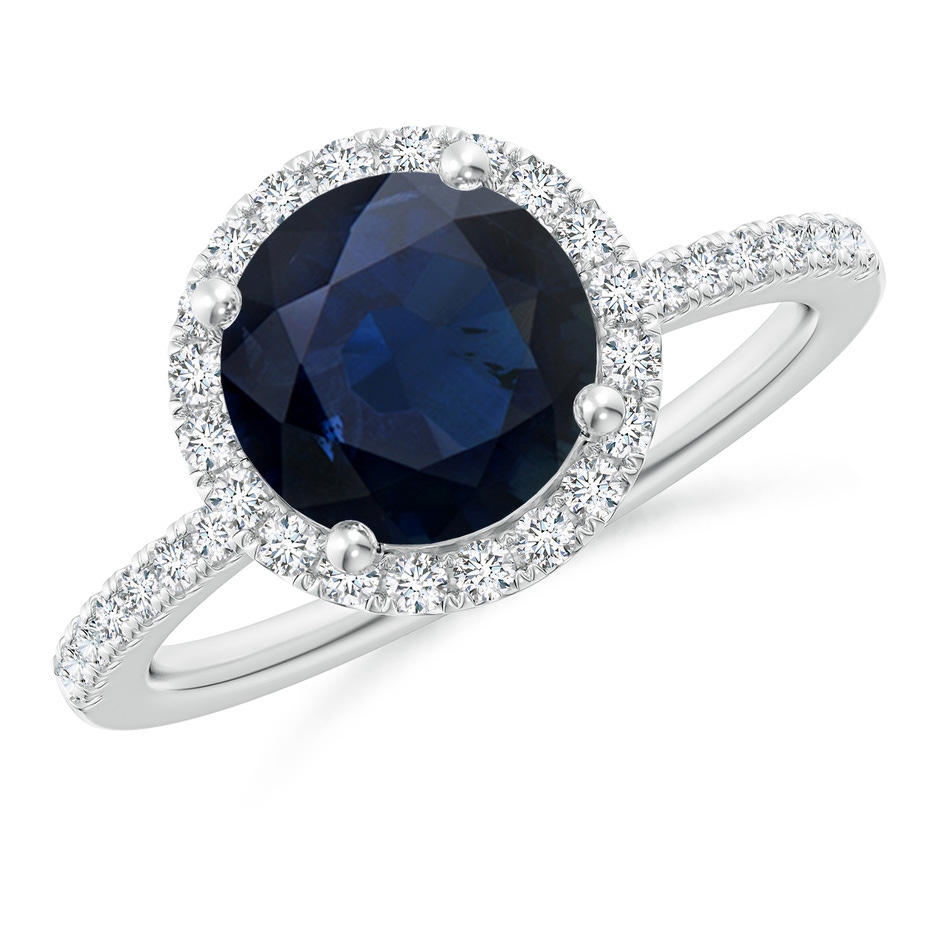 8mm A Round Blue Sapphire Classic Halo Engagement Ring in White Gold 