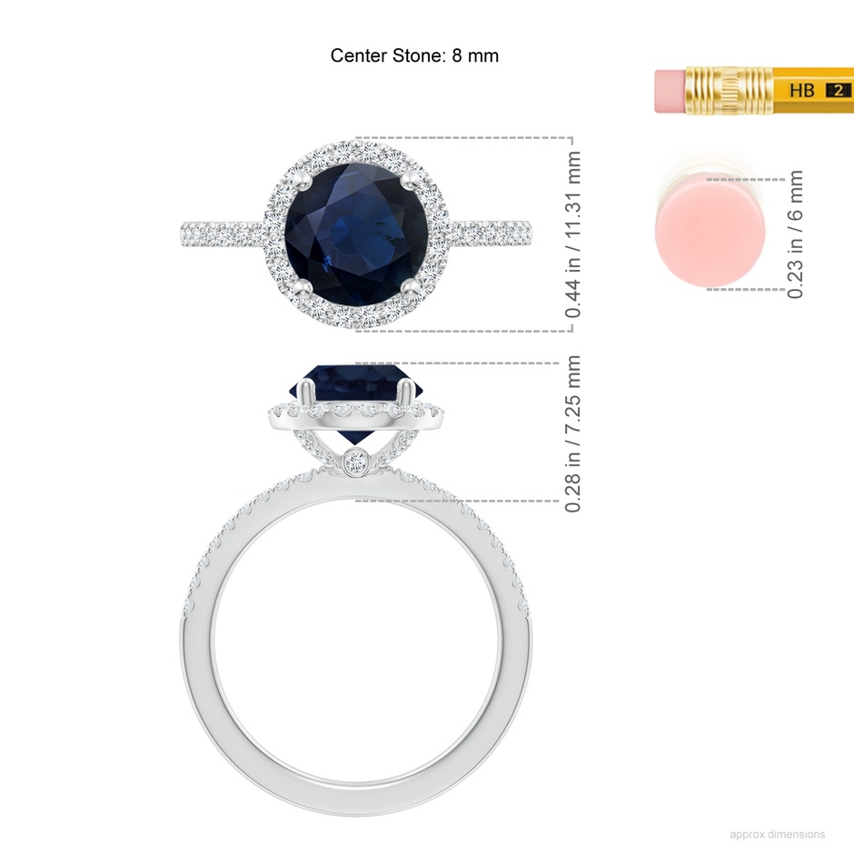 8mm A Round Blue Sapphire Classic Halo Engagement Ring in White Gold ruler