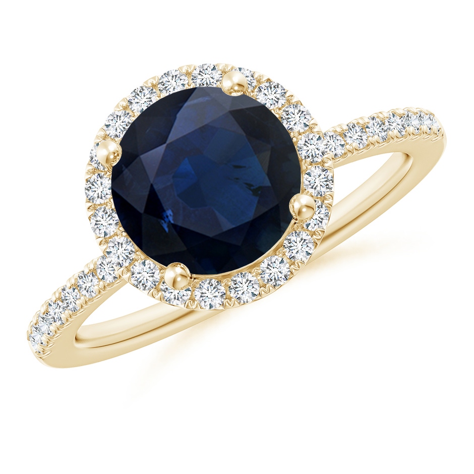 8mm A Round Blue Sapphire Classic Halo Engagement Ring in Yellow Gold 