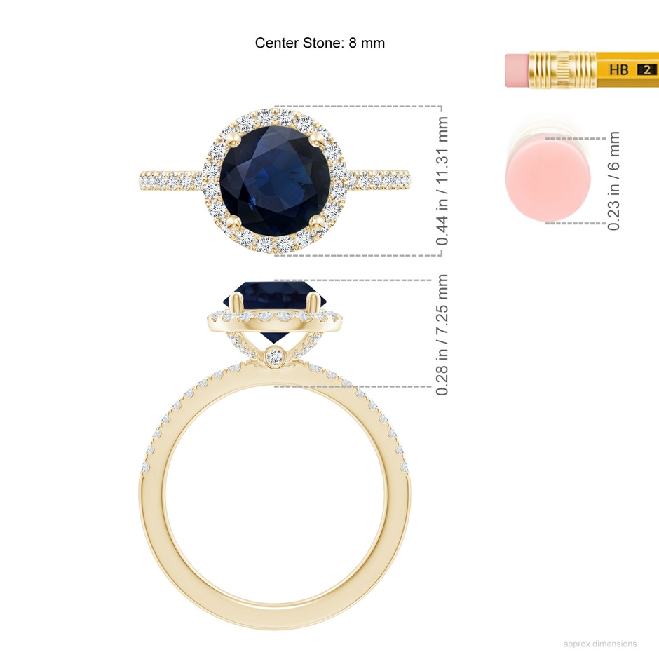 8mm A Round Blue Sapphire Classic Halo Engagement Ring in Yellow Gold ruler