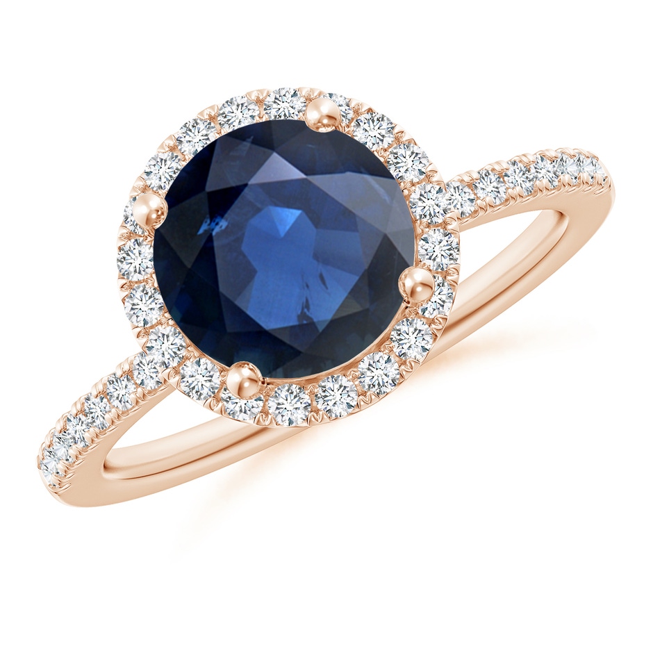8mm AA Round Blue Sapphire Classic Halo Engagement Ring in Rose Gold 