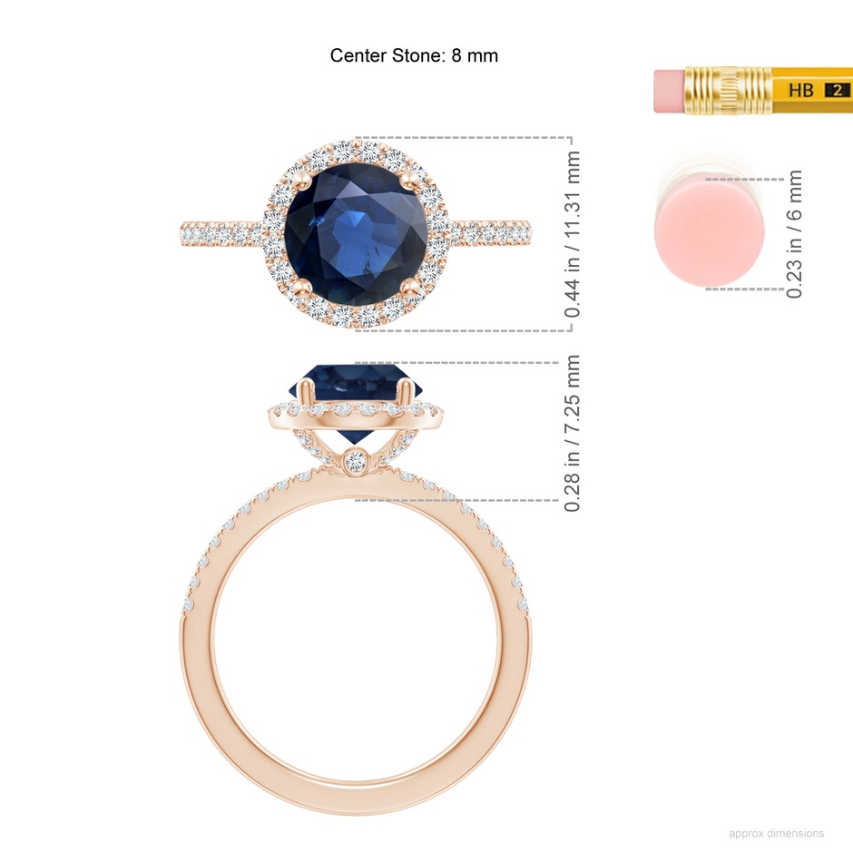 8mm AA Round Blue Sapphire Classic Halo Engagement Ring in Rose Gold ruler