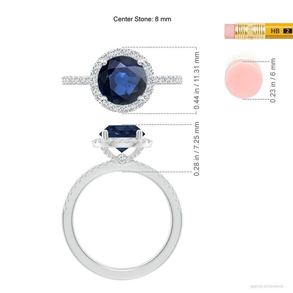 8mm AA Round Blue Sapphire Classic Halo Engagement Ring in White Gold ruler