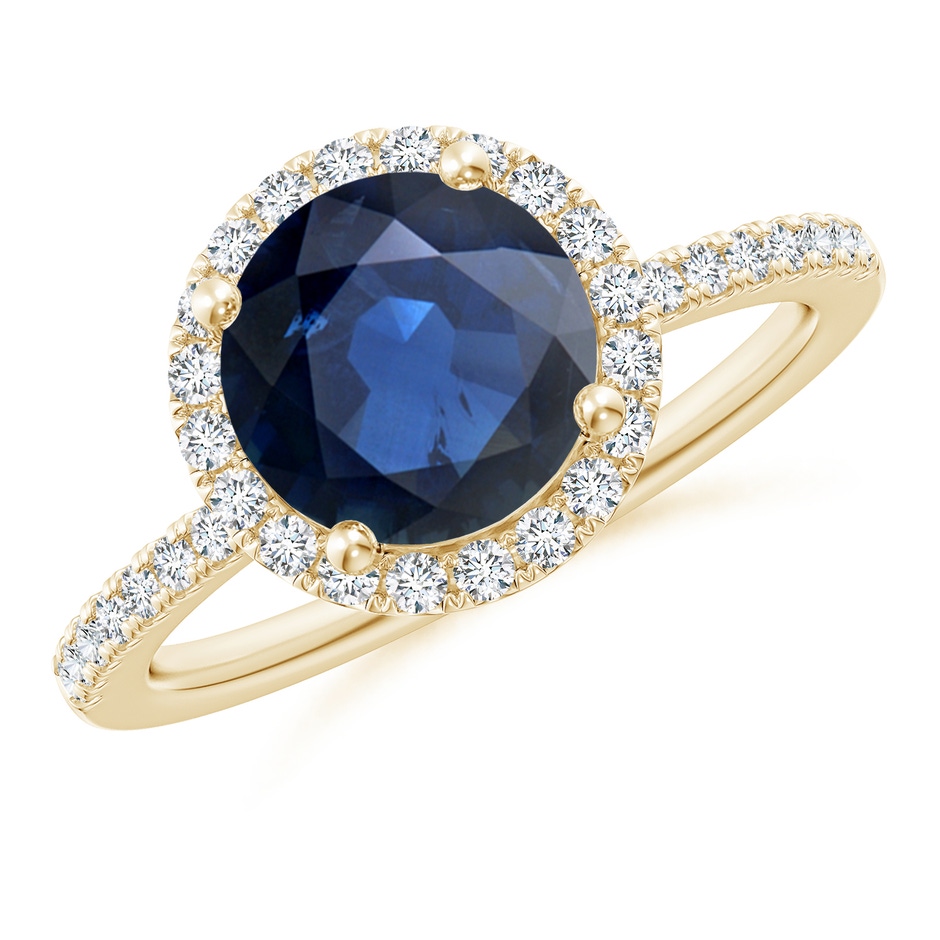 8mm AA Round Blue Sapphire Classic Halo Engagement Ring in Yellow Gold 