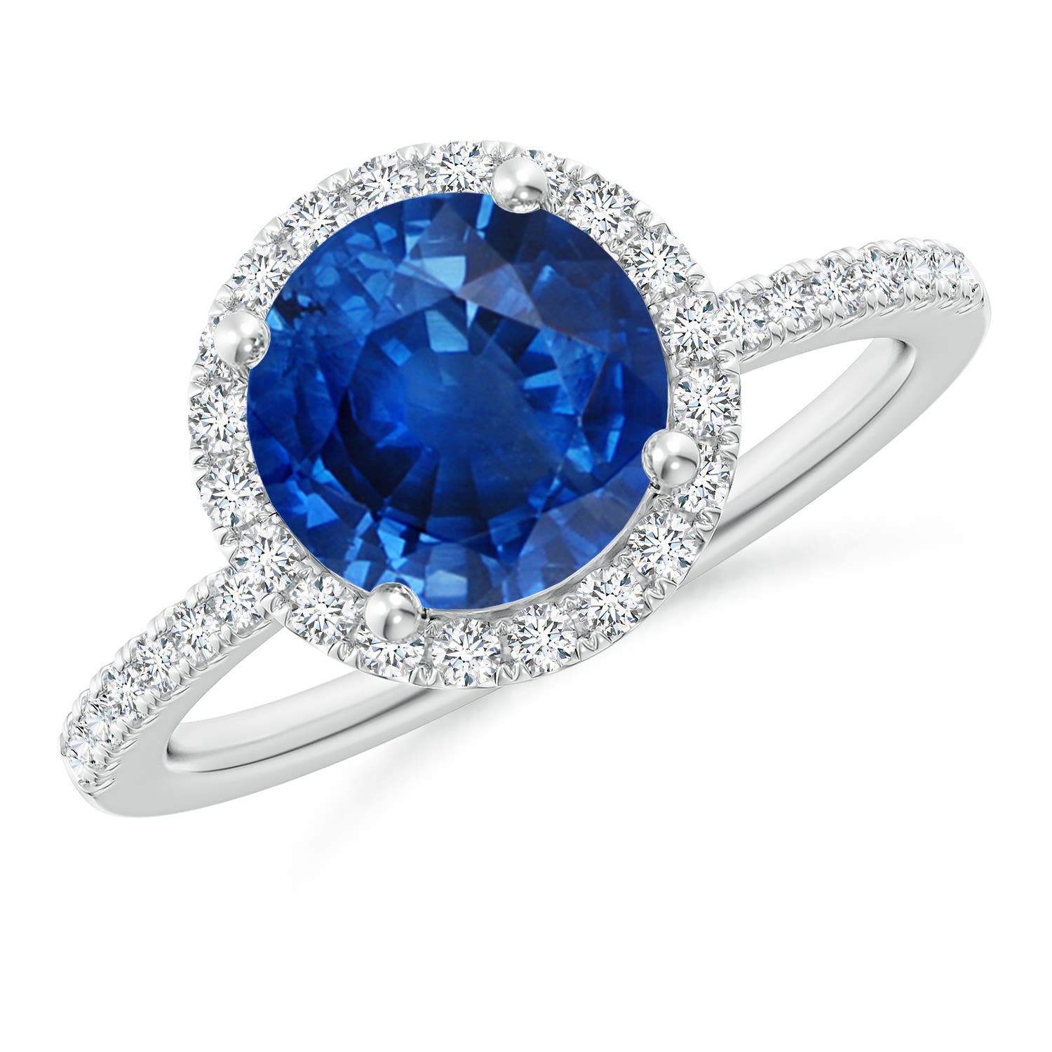 8mm AAA Round Blue Sapphire Classic Halo Engagement Ring in 18K White Gold