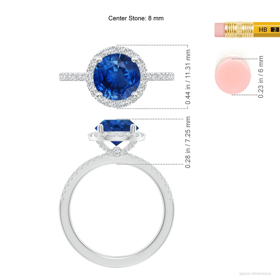 8mm AAA Round Blue Sapphire Classic Halo Engagement Ring in P950 Platinum ruler