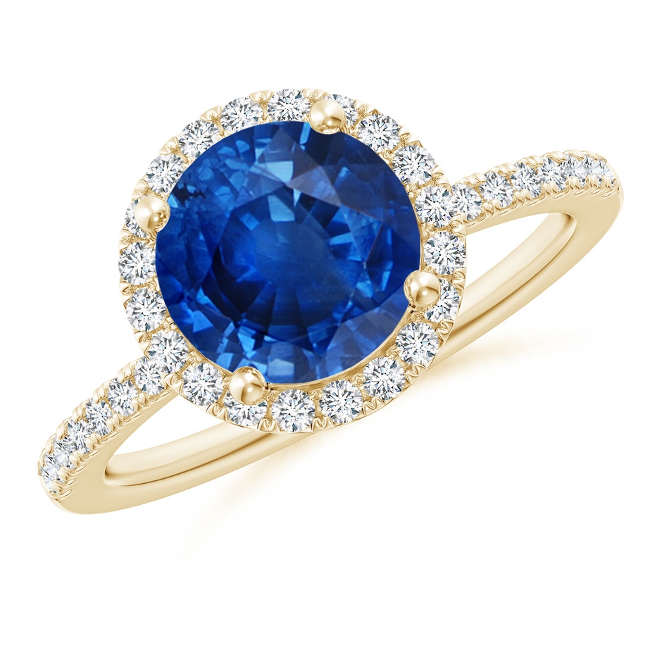 8mm AAA Round Blue Sapphire Classic Halo Engagement Ring in Yellow Gold 