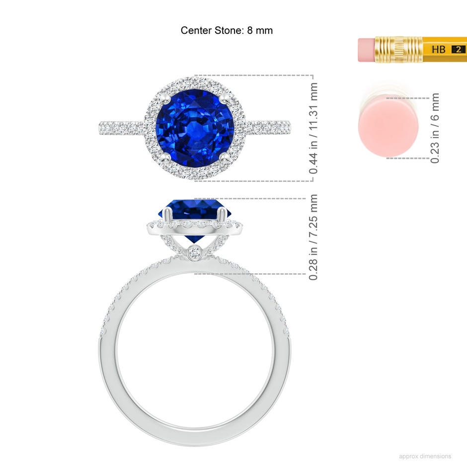 8mm AAAA Round Blue Sapphire Classic Halo Engagement Ring in P950 Platinum ruler