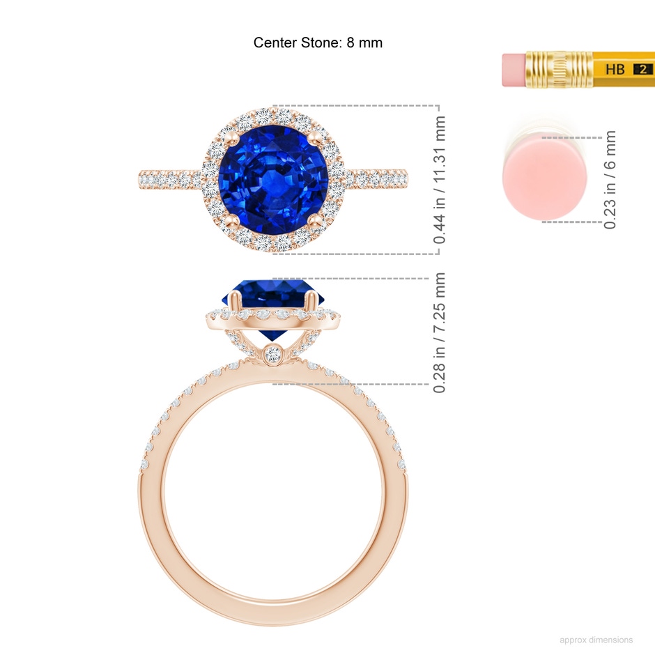 8mm AAAA Round Blue Sapphire Classic Halo Engagement Ring in Rose Gold ruler