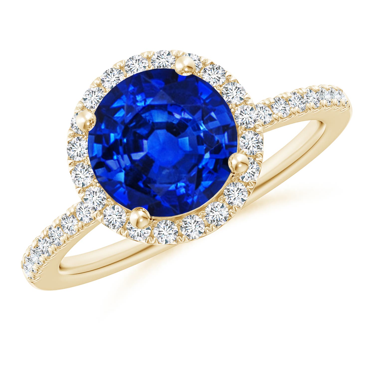 8mm AAAA Round Blue Sapphire Classic Halo Engagement Ring in Yellow Gold