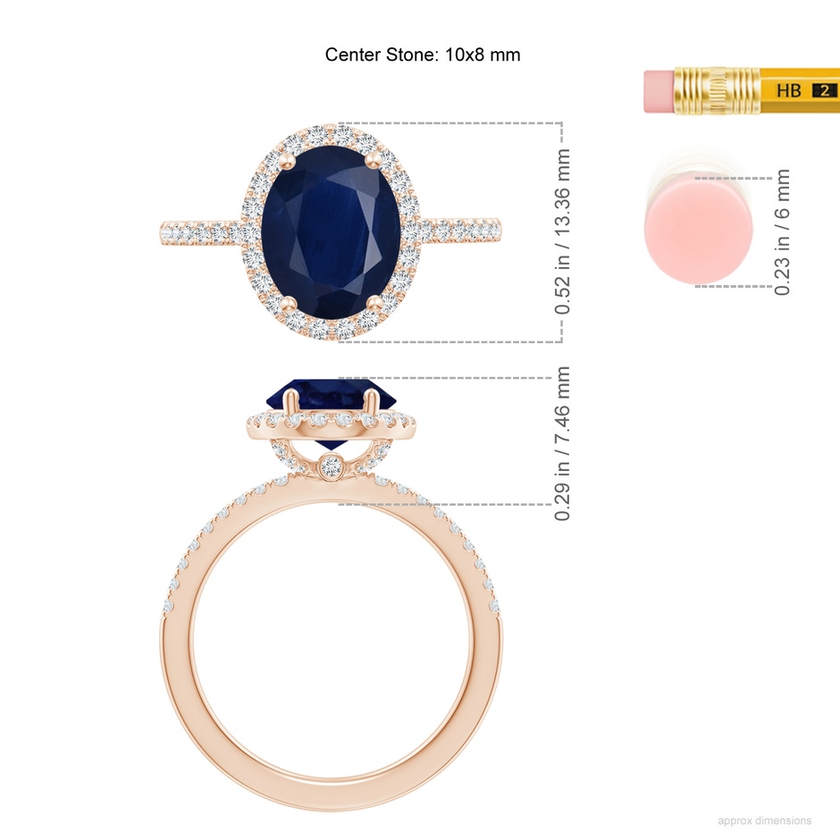 10x8mm A Oval Blue Sapphire Classic Halo Engagement Ring in Rose Gold ruler