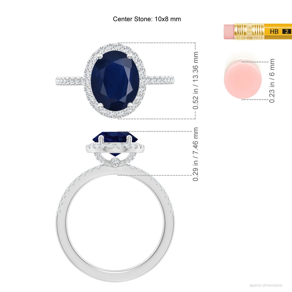 10x8mm A Oval Blue Sapphire Classic Halo Engagement Ring in White Gold ruler