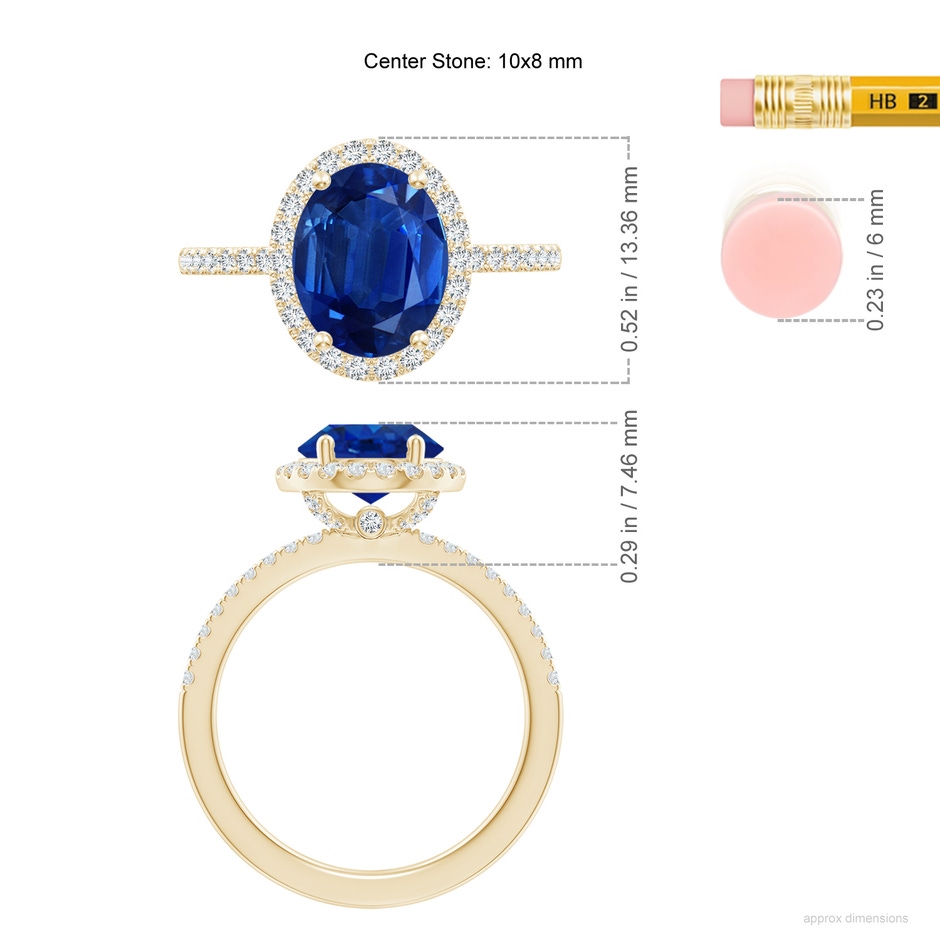 10x8mm AAA Oval Blue Sapphire Classic Halo Engagement Ring in Yellow Gold ruler