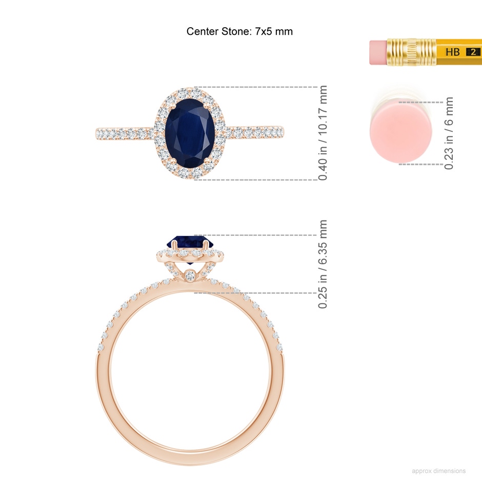 7x5mm A Oval Blue Sapphire Classic Halo Engagement Ring in Rose Gold ruler