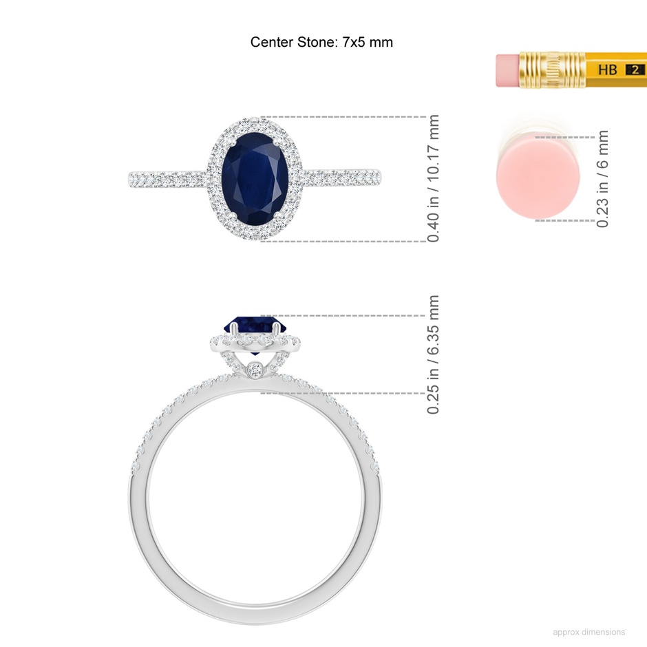 7x5mm A Oval Blue Sapphire Classic Halo Engagement Ring in White Gold ruler