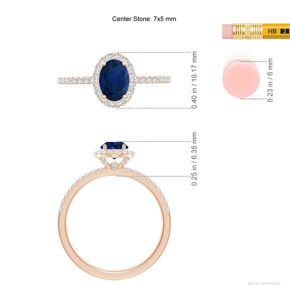 7x5mm AA Oval Blue Sapphire Classic Halo Engagement Ring in Rose Gold ruler