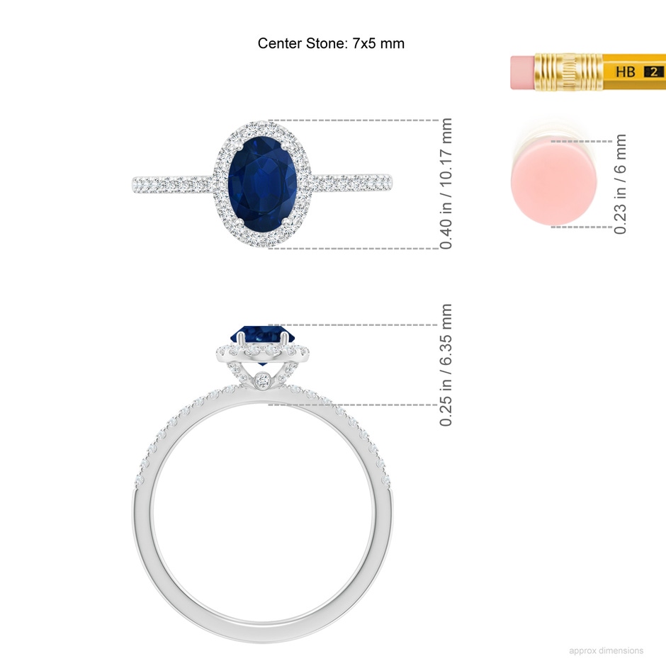 7x5mm AA Oval Blue Sapphire Classic Halo Engagement Ring in White Gold ruler
