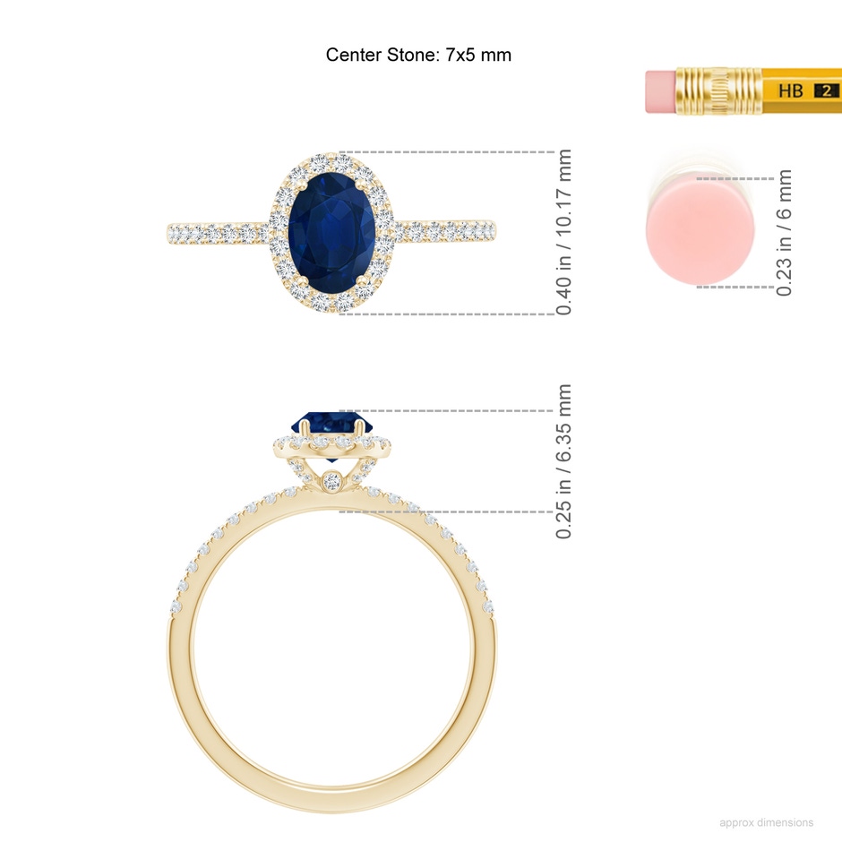 7x5mm AA Oval Blue Sapphire Classic Halo Engagement Ring in Yellow Gold ruler