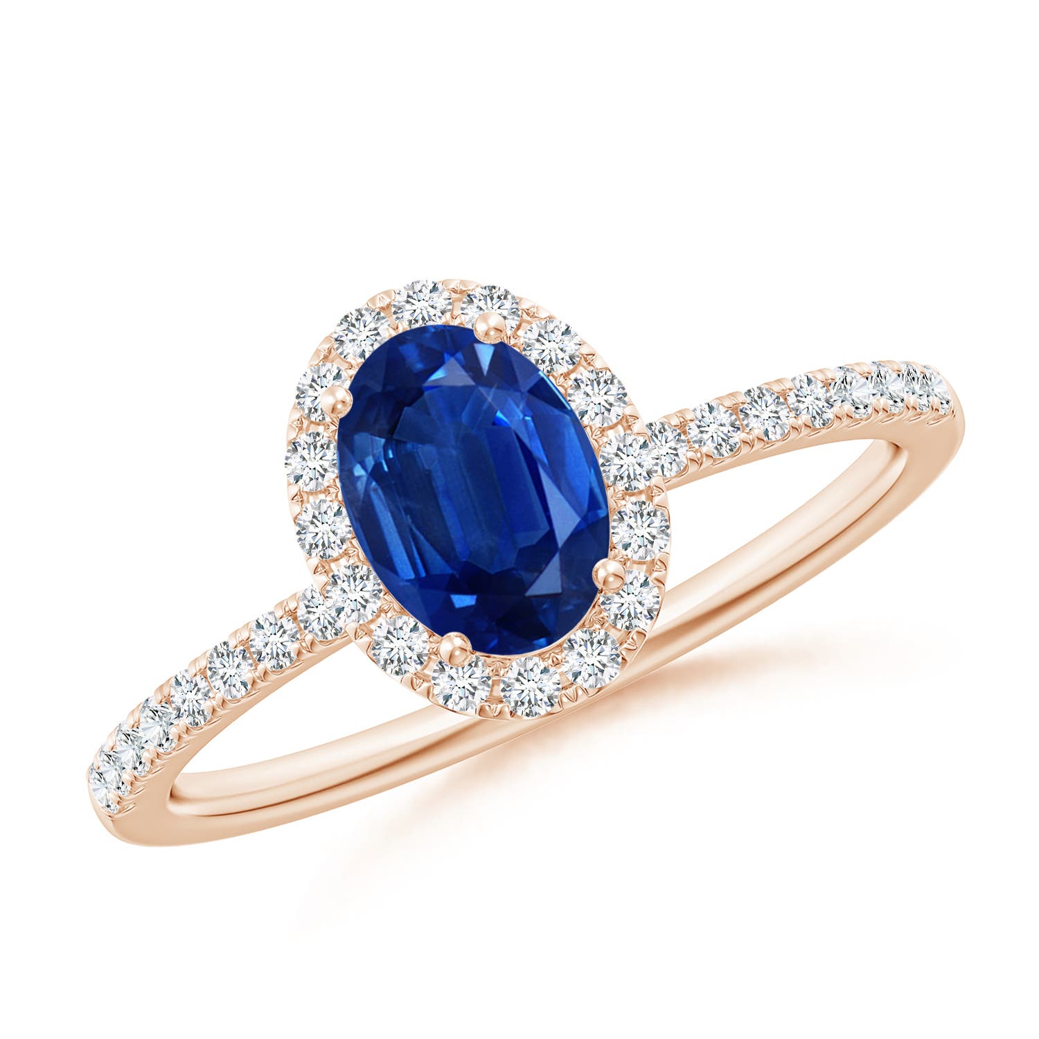 7x5mm AAA Oval Blue Sapphire Classic Halo Engagement Ring in Rose Gold