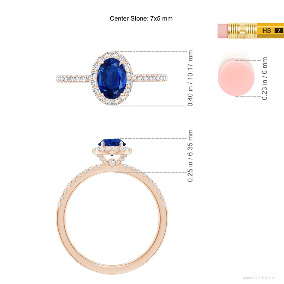7x5mm AAA Oval Blue Sapphire Classic Halo Engagement Ring in Rose Gold ruler