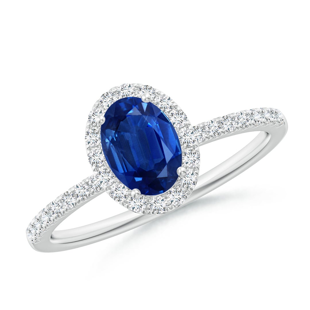 7x5mm AAA Oval Blue Sapphire Classic Halo Engagement Ring in White Gold