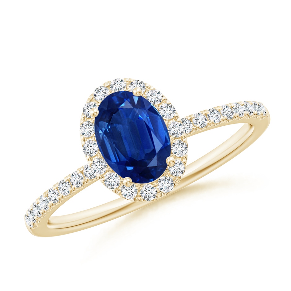 7x5mm AAA Oval Blue Sapphire Classic Halo Engagement Ring in Yellow Gold 