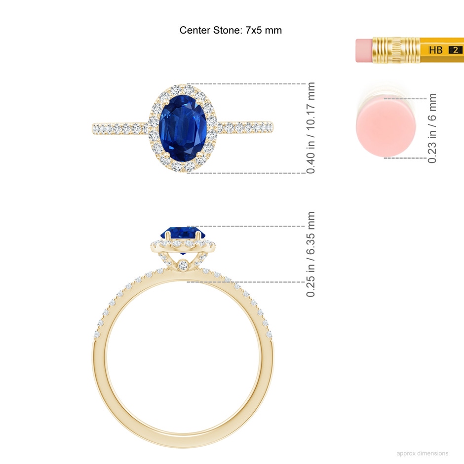 7x5mm AAA Oval Blue Sapphire Classic Halo Engagement Ring in Yellow Gold ruler