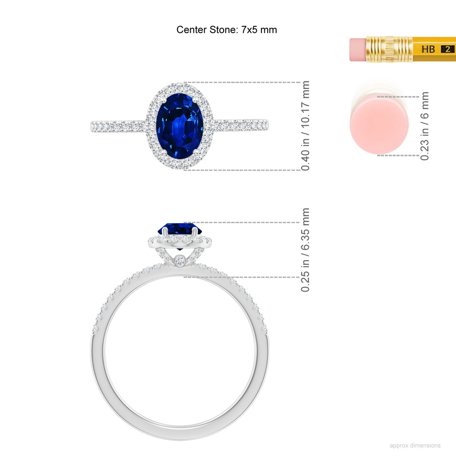 7x5mm Lab-Grown Oval Blue Sapphire Classic Halo Engagement Ring in White Gold ruler