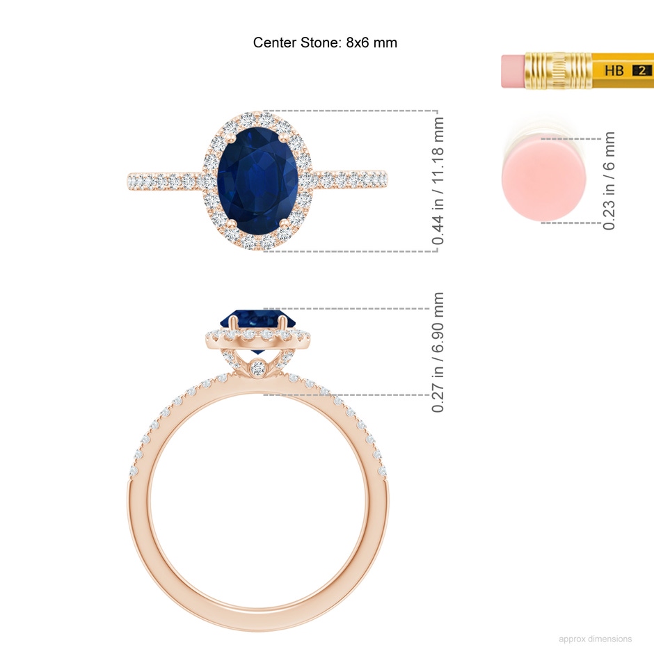 8x6mm AA Oval Blue Sapphire Classic Halo Engagement Ring in Rose Gold ruler