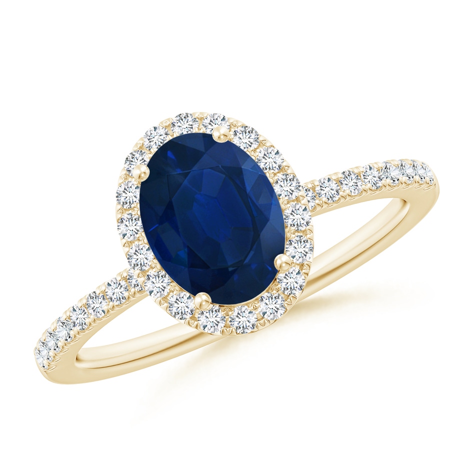 8x6mm AA Oval Blue Sapphire Classic Halo Engagement Ring in Yellow Gold 
