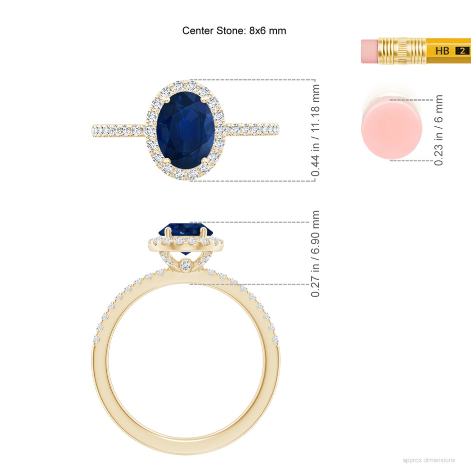 8x6mm AA Oval Blue Sapphire Classic Halo Engagement Ring in Yellow Gold ruler