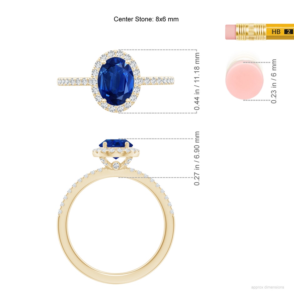 8x6mm AAA Oval Blue Sapphire Classic Halo Engagement Ring in Yellow Gold ruler