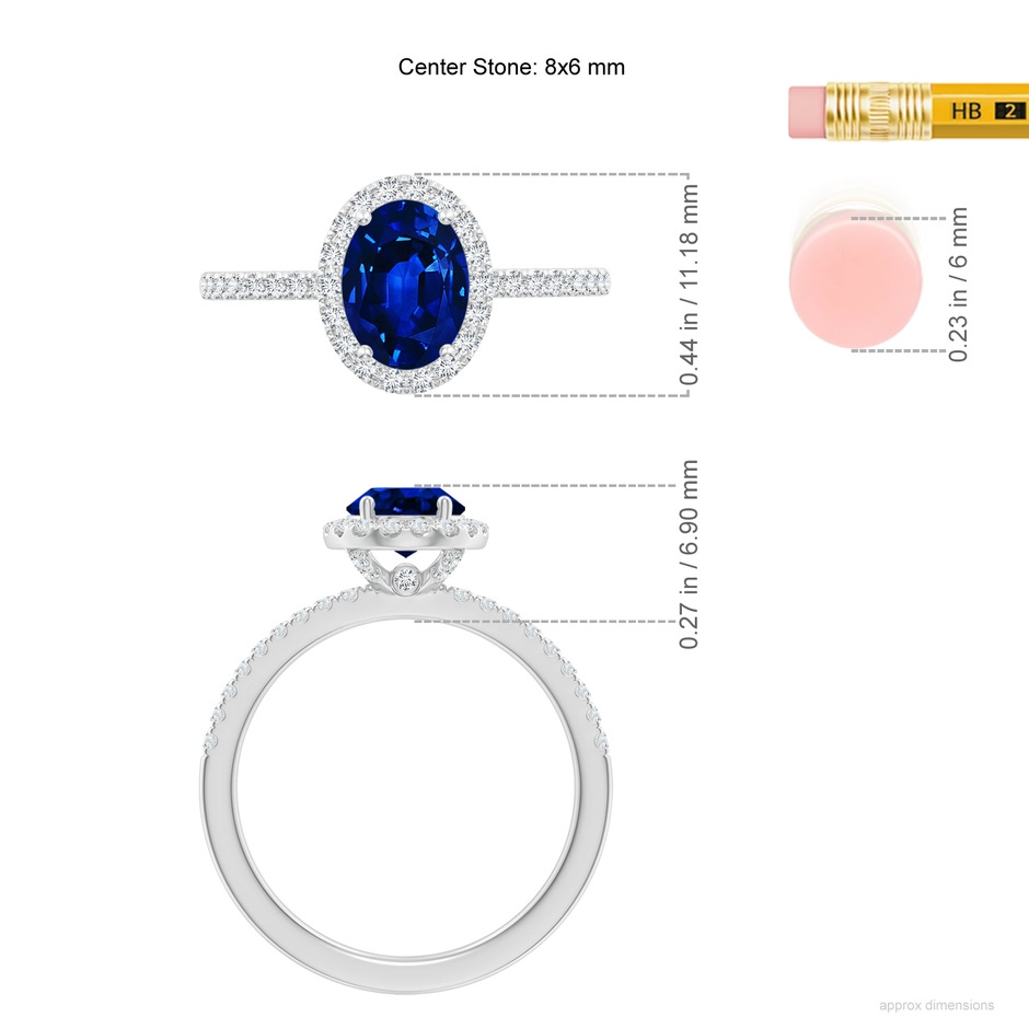 8x6mm AAAA Oval Blue Sapphire Classic Halo Engagement Ring in P950 Platinum ruler