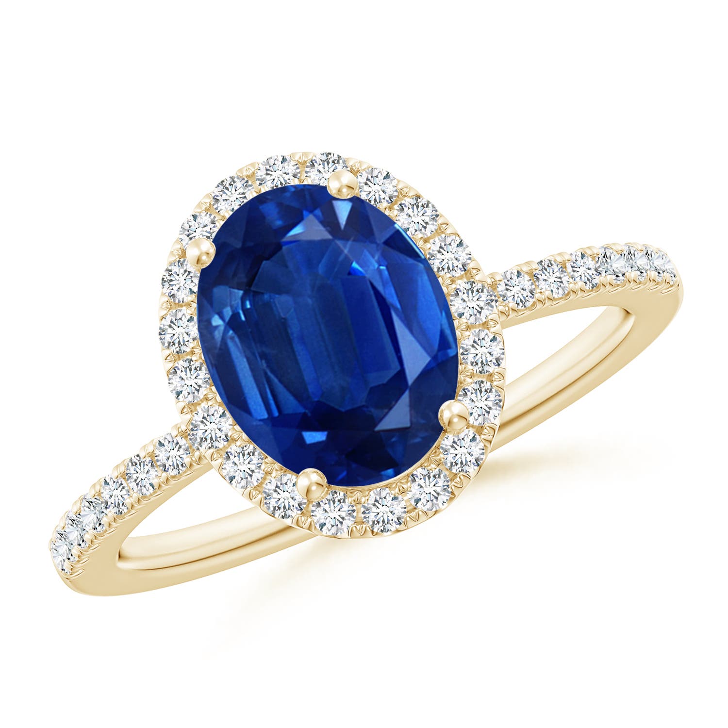 9x7mm AAA Oval Blue Sapphire Classic Halo Engagement Ring in Yellow Gold