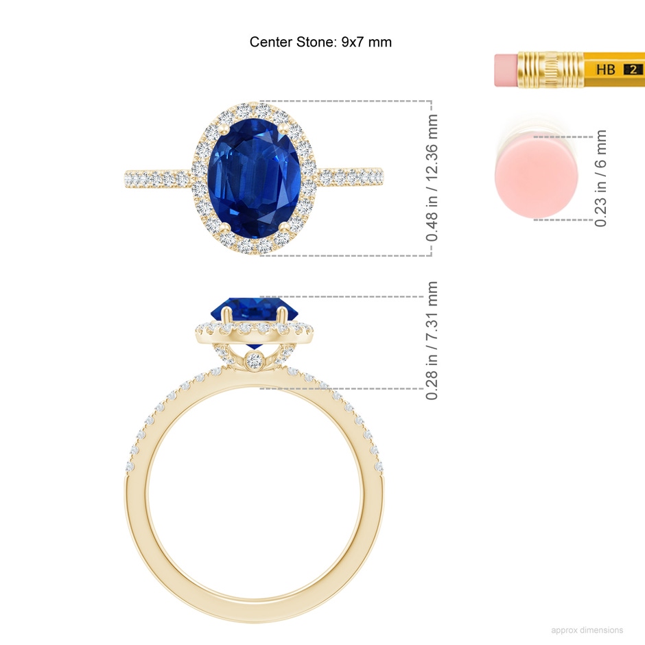 9x7mm AAA Oval Blue Sapphire Classic Halo Engagement Ring in Yellow Gold ruler