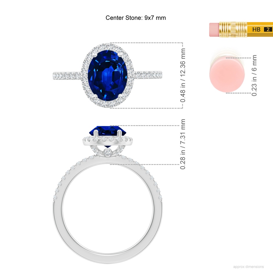 9x7mm Lab-Grown Oval Blue Sapphire Classic Halo Engagement Ring in White Gold ruler