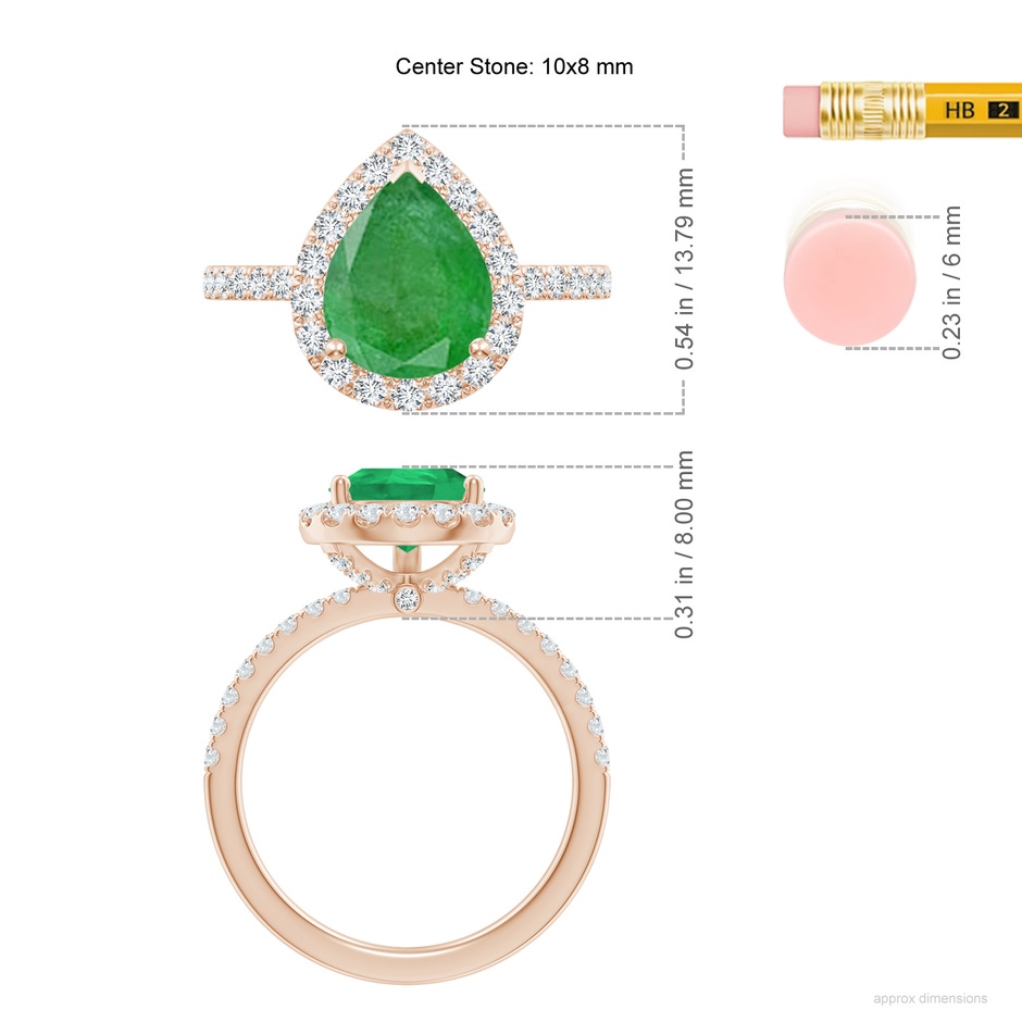 10x8mm A Pear-Shaped Emerald Classic Halo Engagement Ring in Rose Gold ruler