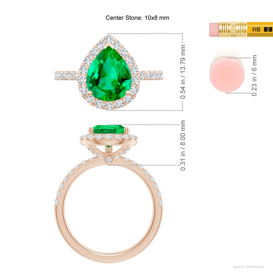 10x8mm AAA Pear-Shaped Emerald Classic Halo Engagement Ring in Rose Gold ruler