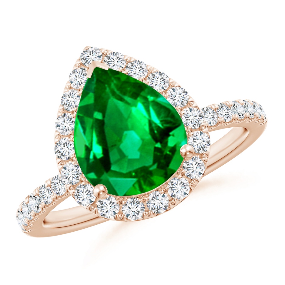 10x8mm AAAA Pear-Shaped Emerald Classic Halo Engagement Ring in Rose Gold 