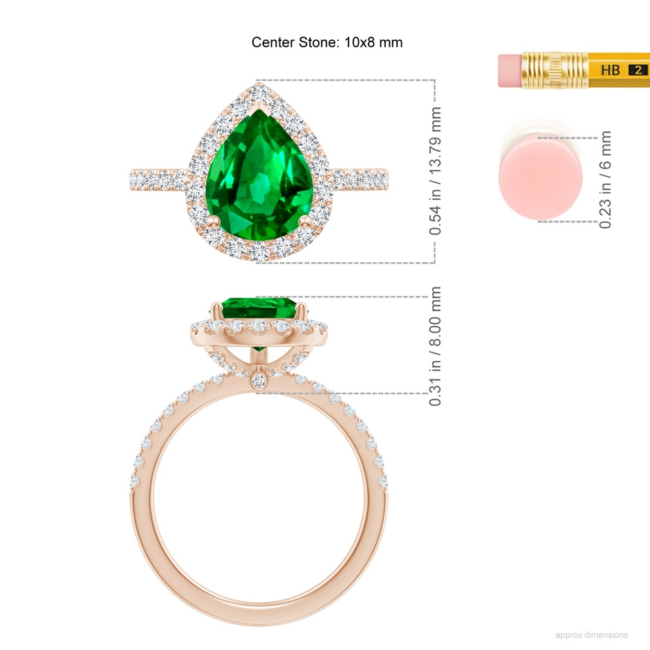 10x8mm AAAA Pear-Shaped Emerald Classic Halo Engagement Ring in Rose Gold ruler