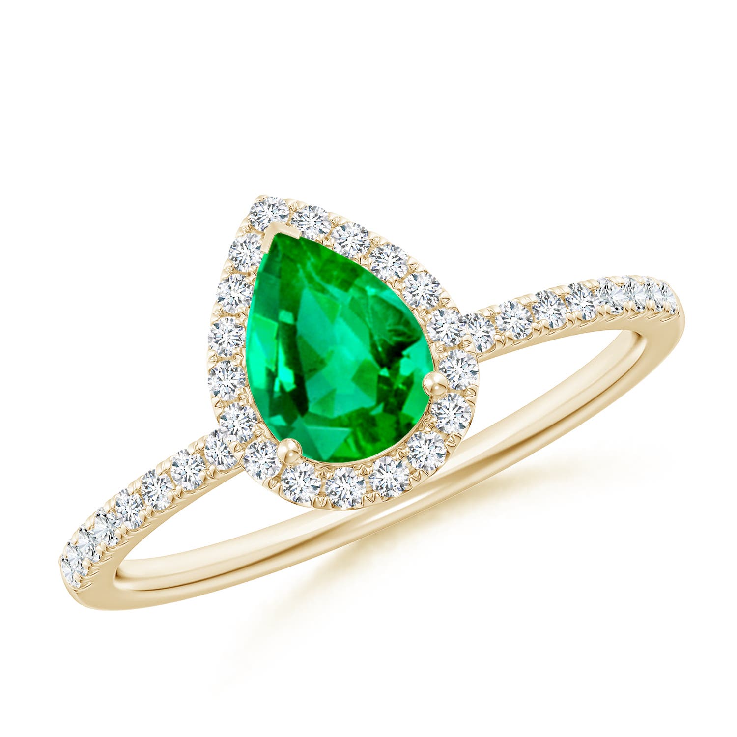 7x5mm AAA Pear-Shaped Emerald Classic Halo Engagement Ring in Yellow Gold