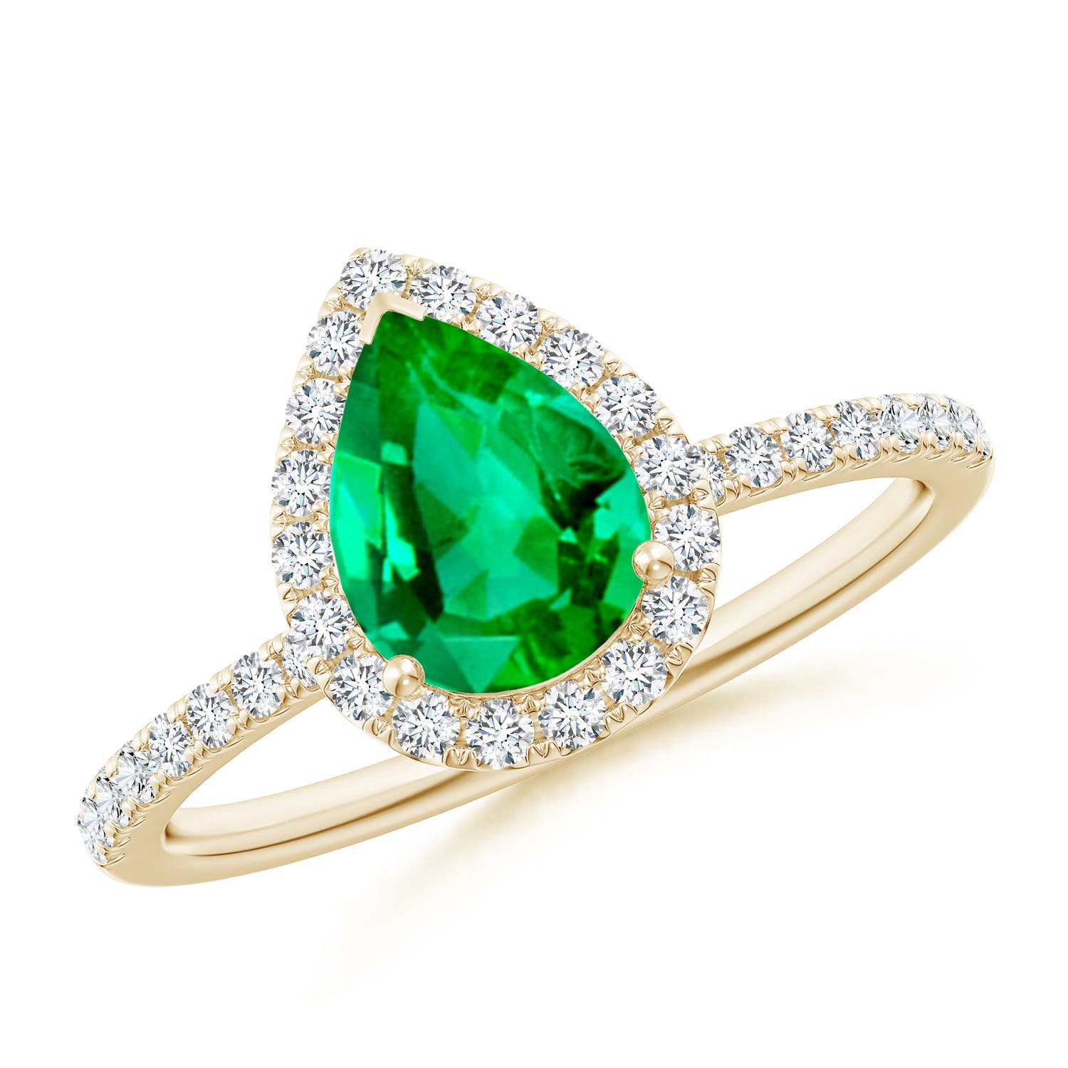 8x6mm AAA Pear-Shaped Emerald Classic Halo Engagement Ring in Yellow Gold