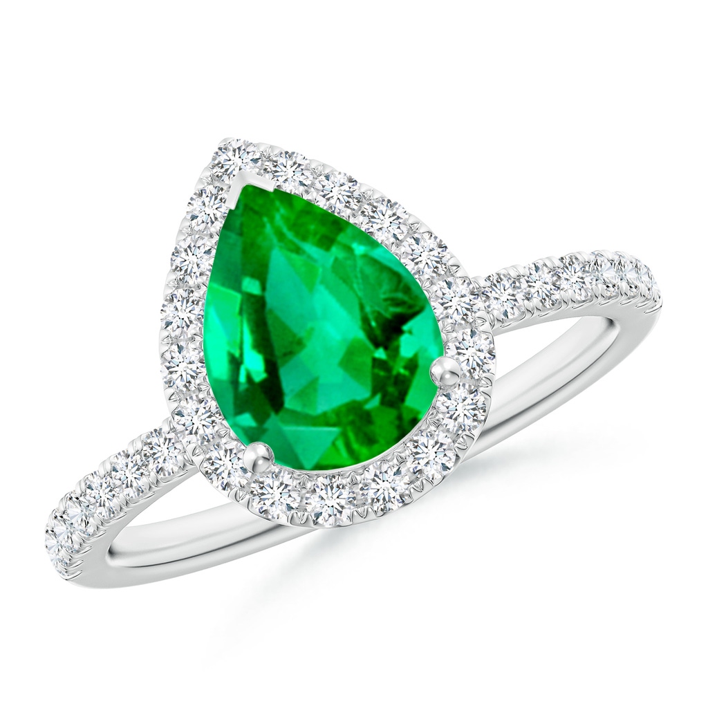 9x7mm AAA Pear-Shaped Emerald Classic Halo Engagement Ring in White Gold