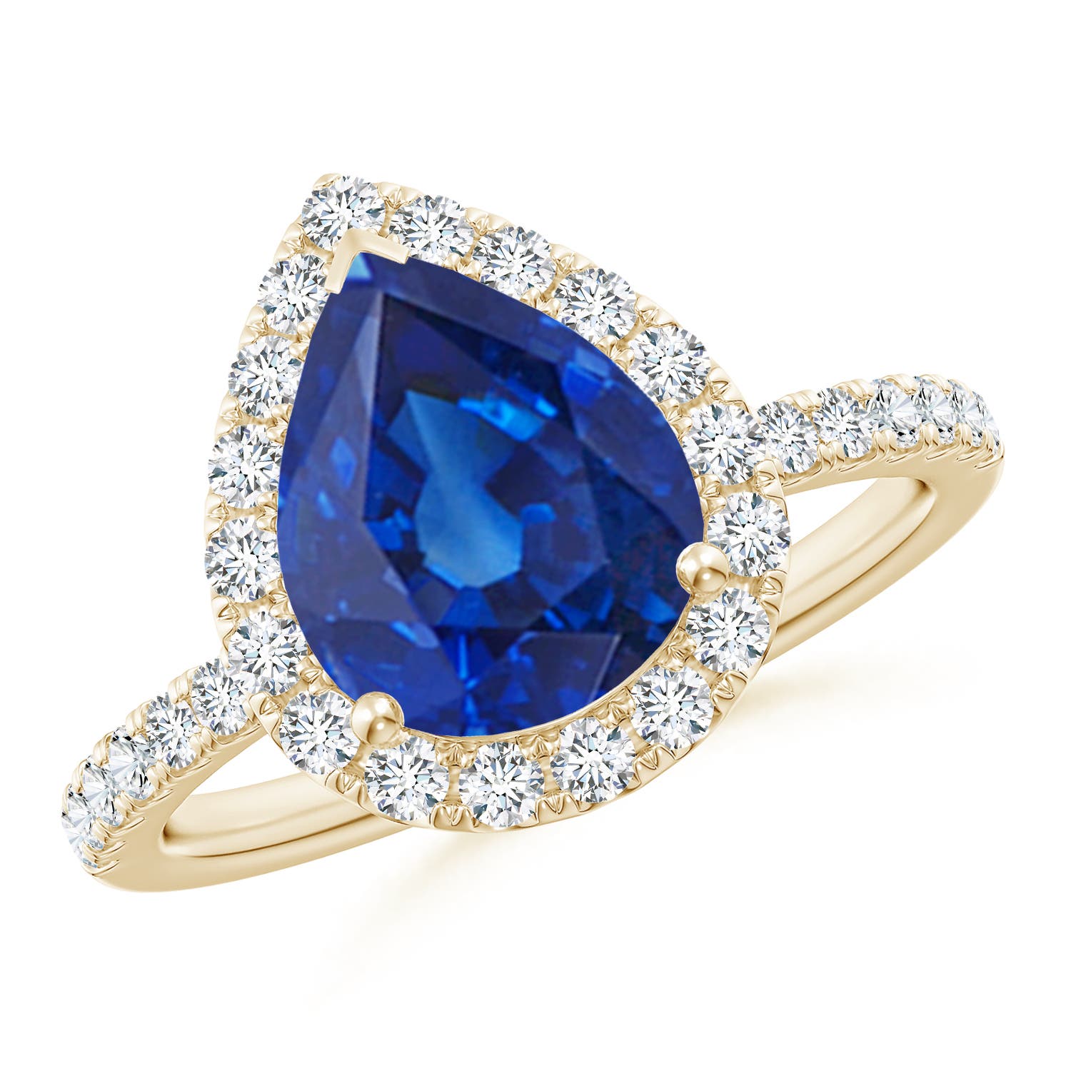 10x8mm AAA Pear-Shaped Blue Sapphire Classic Halo Engagement Ring in 18CT Yellow Gold