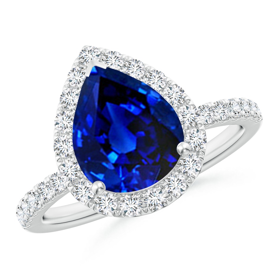 10x8mm Lab-Grown Pear-Shaped Blue Sapphire Classic Halo Engagement Ring in 18K White Gold 
