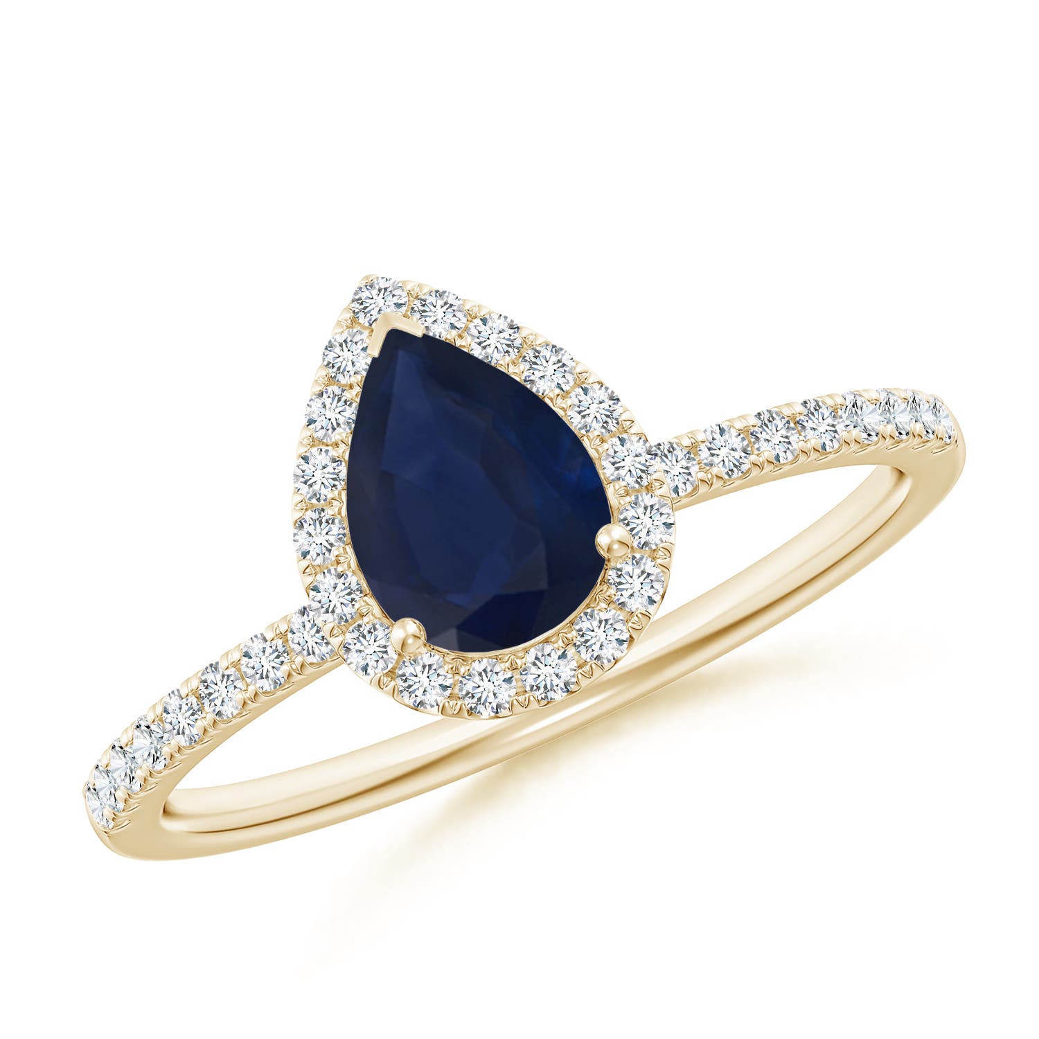 7x5mm A Pear-Shaped Blue Sapphire Classic Halo Engagement Ring in Yellow Gold