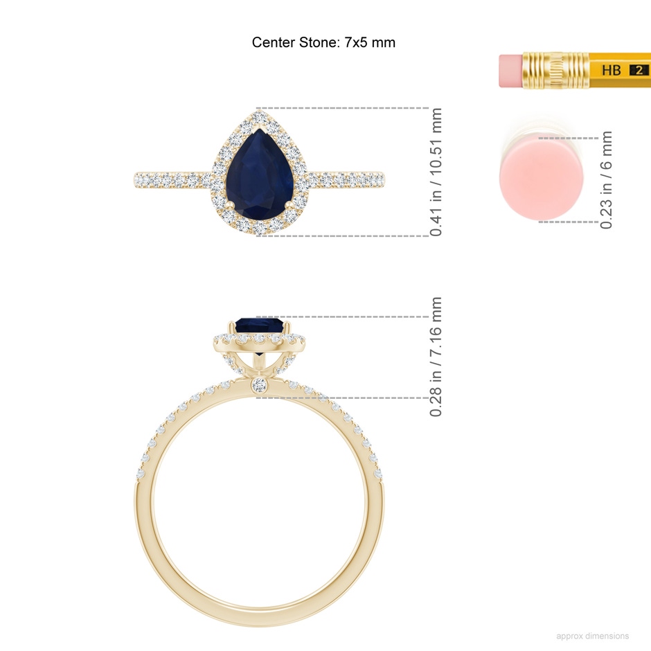 7x5mm A Pear-Shaped Blue Sapphire Classic Halo Engagement Ring in Yellow Gold ruler