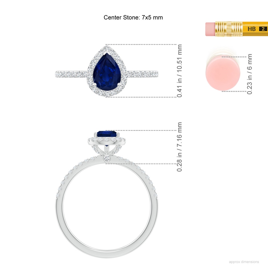 7x5mm AA Pear-Shaped Blue Sapphire Classic Halo Engagement Ring in White Gold ruler