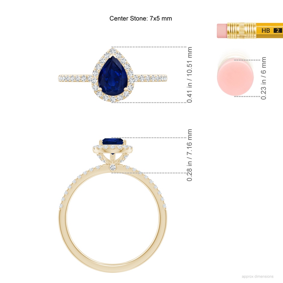 7x5mm AA Pear-Shaped Blue Sapphire Classic Halo Engagement Ring in Yellow Gold ruler